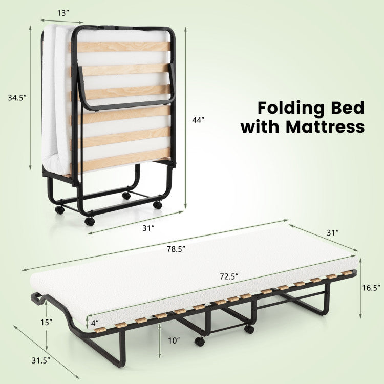 78 x 31 Inch Portable Guest Bed Twin Size Folding Bed Rollaway Bed Frame with Lockable Wheels and Foam Mattress for Home Office