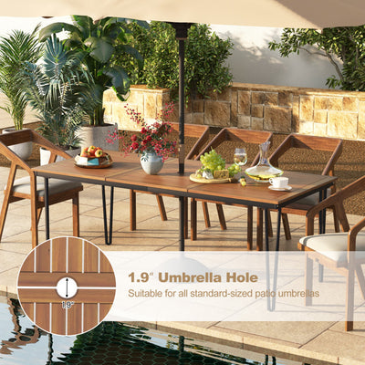 79 Inch Outdoor Acacia Wood Dining Table 8-Person Patio Bistro Table with Umbrella Hole and Adjustable Foot Pads