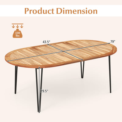 79 Inch Oval Patio Dining Table Outdoor Acacia Wood Tabletop with Umbrella Hole for Yard Deck