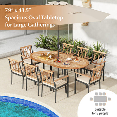 79 Inch Oval Patio Dining Table Outdoor Acacia Wood Tabletop with Umbrella Hole for Yard Deck