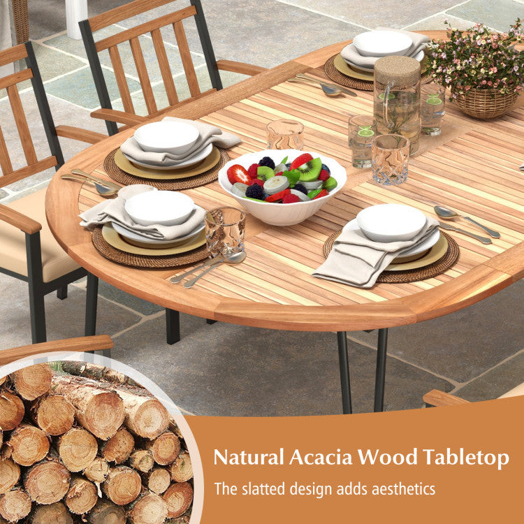 79 Inch Oval Patio Dining Table Outdoor Acacia Wood Tabletop with Umbrella Hole for Yard Deck