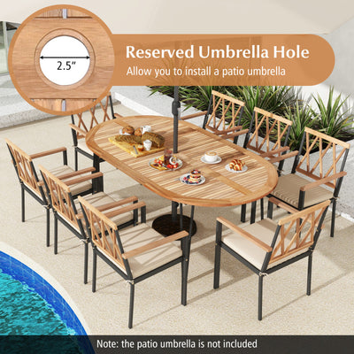 79 Inch Oval Patio Dining Table Outdoor Acacia Wood Tabletop with Umbrella Hole for Yard Deck