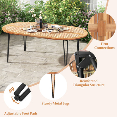 79 Inch Oval Patio Dining Table Outdoor Acacia Wood Tabletop with Umbrella Hole for Yard Deck