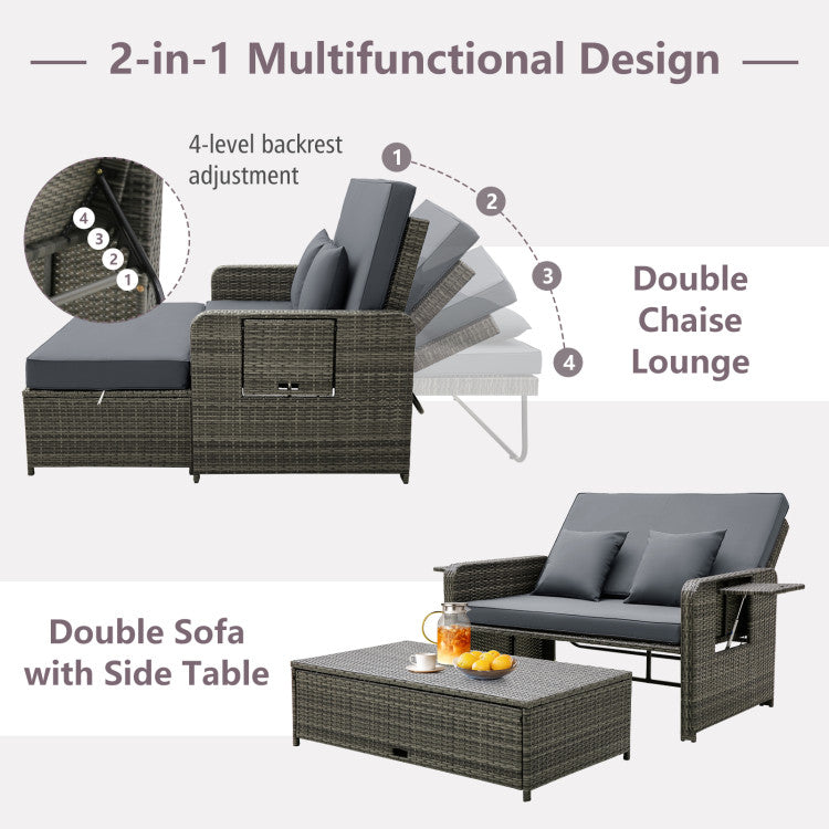 2-in-1 Multifunctional Patio Rattan Daybed Wicker Loveseat Sofa Set with Retractable Side Tray and Adjustable Backrest