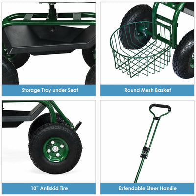 Height Adjustable Garden Rolling Cart Heavy Duty 360 Degree Swivel Work Seat with Tool Tray and Removable Mesh Basket