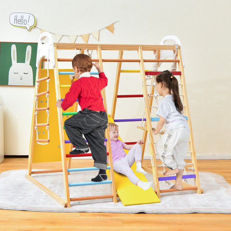 8-in-1 Indoor Jungle Gym Set Kids Wooden Climbing Toys Playset with Sl ...