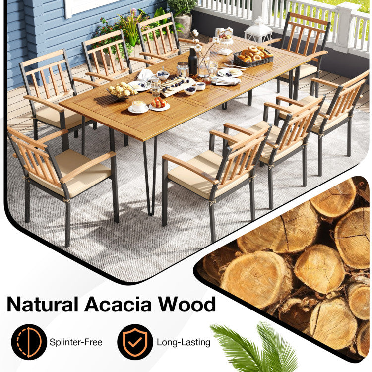 9 Pieces Outdoor Acacia Wood Dining Table Set Patio Furniture Set with Umbrella Hole and Cushions