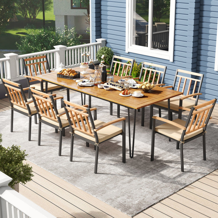 9 Pieces Outdoor Acacia Wood Dining Table Set Patio Furniture Set with Umbrella Hole and Cushions