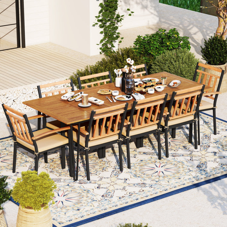 9 Pieces Outdoor Acacia Wood Dining Table Set Patio Furniture Set with Umbrella Hole and Cushions