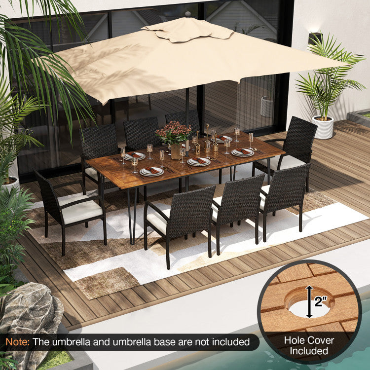 9 Pieces Patio Acacia Wood Dining Table Set Outdoor Heavy Duty Furniture Set with Umbrella Hole and Cushions