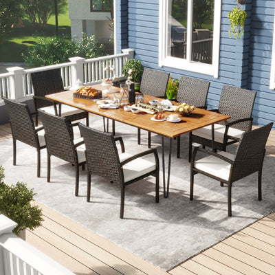 9 Pieces Patio Acacia Wood Dining Table Set Outdoor Heavy Duty Furniture Set with Umbrella Hole and Cushions