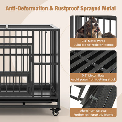 Foldable Metal Dog Crate Portable Heavy-Duty Dog Cage Kennel with Removable Tray and Lockable Wheels