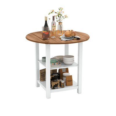 Foldable Round Dining Table Kitchen Drop Leaf Console Table with 2 Shelves and Storage Rack