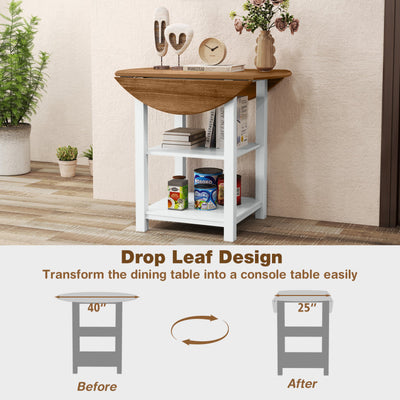 Foldable Round Dining Table Kitchen Drop Leaf Console Table with 2 Shelves and Storage Rack