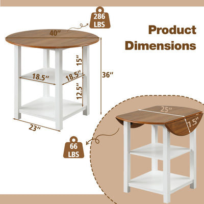 Foldable Round Dining Table Kitchen Drop Leaf Console Table with 2 Shelves and Storage Rack