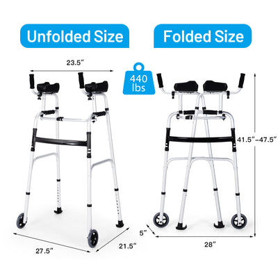 Foldable Standard Walker Height Adjustable Aluminum Alloy Rehabilitation Upright Walker with Removable Armrest for Walk Aid