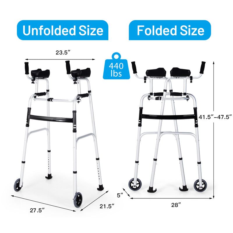 Foldable Standard Walker Height Adjustable Aluminum Alloy Rehabilitation Upright Walker with Removable Armrest for Walk Aid