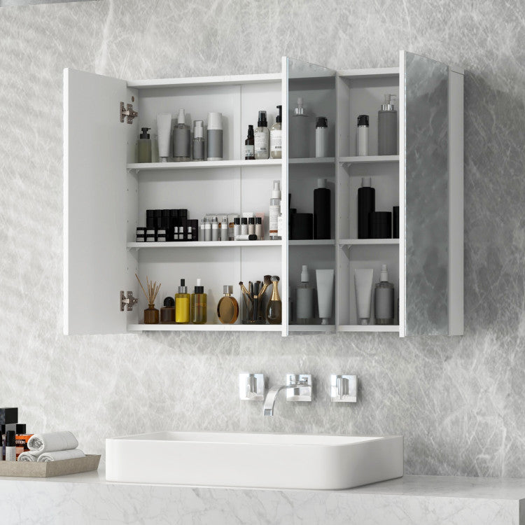 Frameless Bathroom Wall Mounted Mirror Cabinet with 3 Doors and Adjustable Shelves