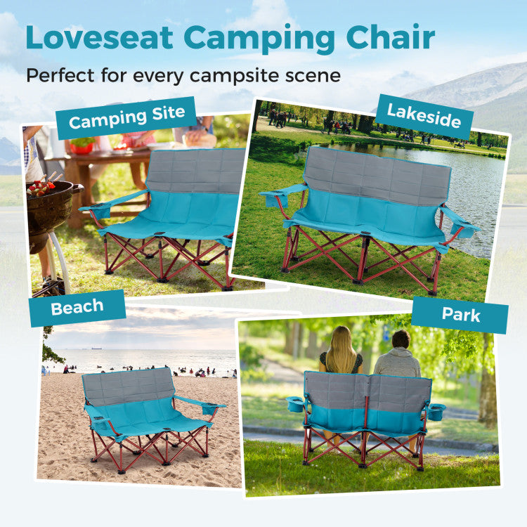 Heavy-Duty 2 Person Camping Chair Oversized Folding Loveseat Couch with Cup Holders and Enlarged Foot Pads