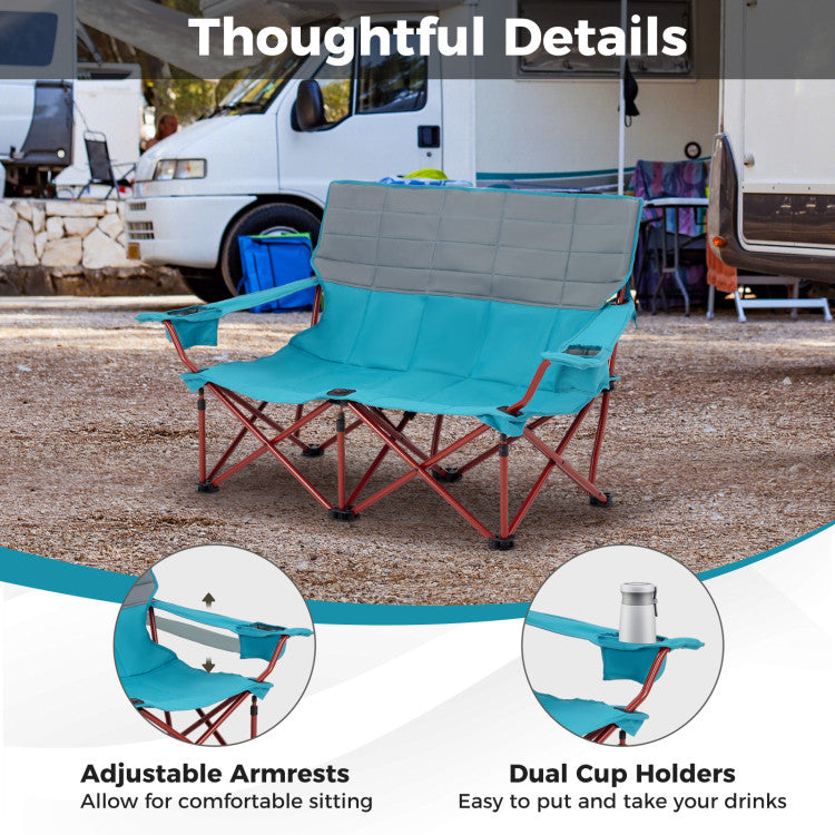 Heavy-Duty 2 Person Camping Chair Oversized Folding Loveseat Couch with Cup Holders and Enlarged Foot Pads