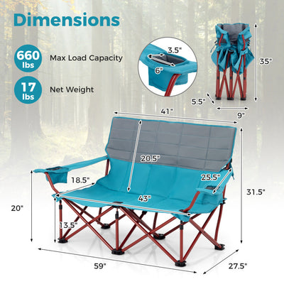 Heavy-Duty 2 Person Camping Chair Oversized Folding Loveseat Couch with Cup Holders and Enlarged Foot Pads