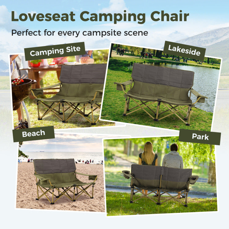 Heavy-Duty 2 Person Camping Chair Oversized Folding Loveseat Couch with Cup Holders and Enlarged Foot Pads