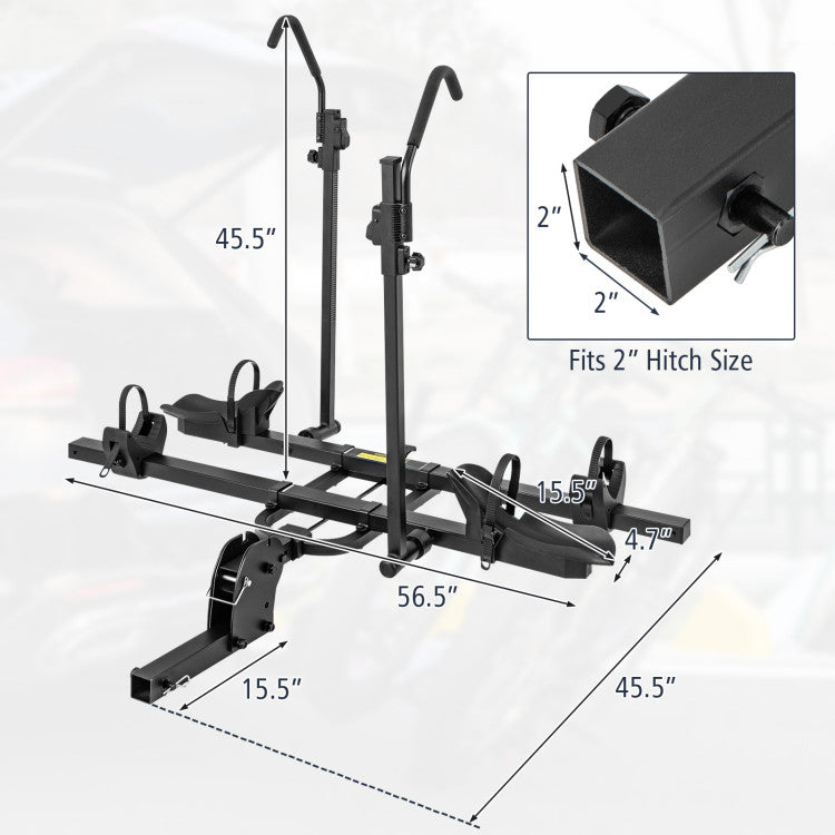 Heavy-duty 2 Inch Hitch Mount Bike Rack Receiver Foldable 2 Bikes Platform Style Carrier with Adjustable Straps and Foot Pedal