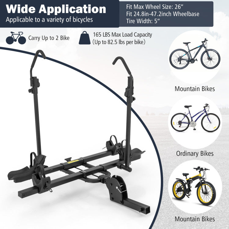 Heavy-duty 2 Inch Hitch Mount Bike Rack Receiver Foldable 2 Bikes Platform Style Carrier with Adjustable Straps and Foot Pedal