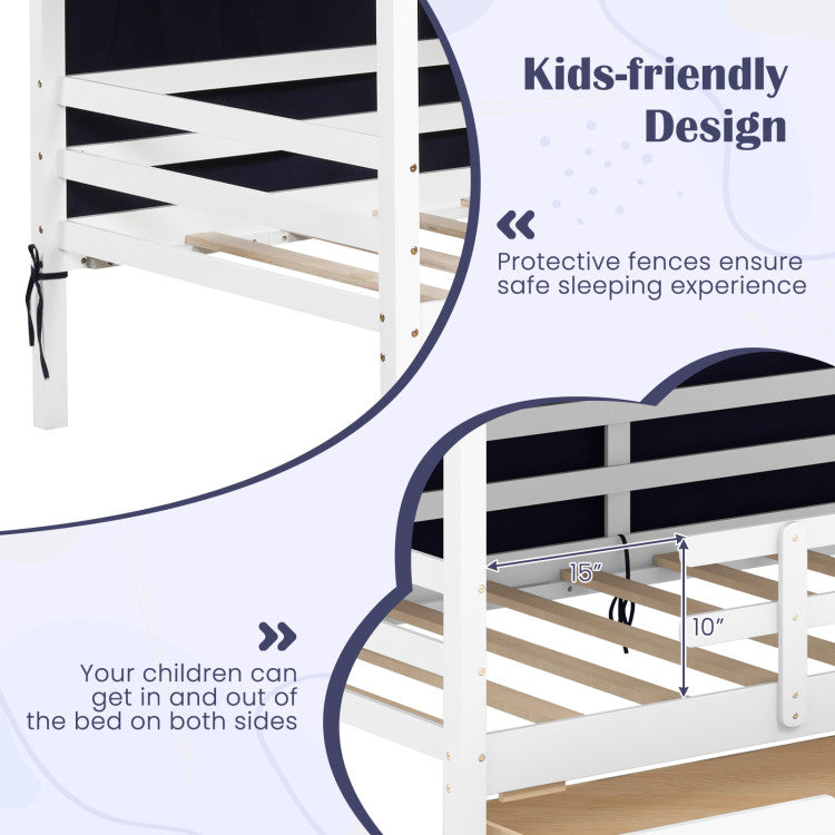 Kids Solid Wood Loft Bed Twin House Bed Montessori Daybed Frame with Storage Drawers and Tent