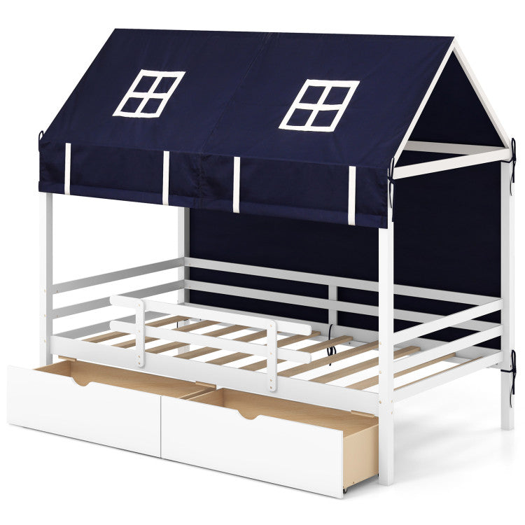 Kids Solid Wood Loft Bed Twin House Bed Montessori Daybed Frame with Storage Drawers and Tent