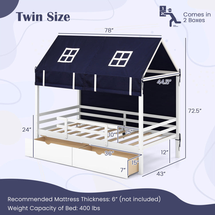 Kids Solid Wood Loft Bed Twin House Bed Montessori Daybed Frame with Storage Drawers and Tent