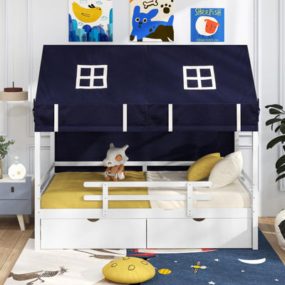 Kids Solid Wood Loft Bed Twin House Bed Montessori Daybed Frame with Storage Drawers and Tent