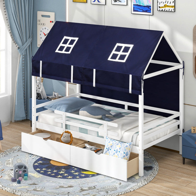 Kids Solid Wood Loft Bed Twin House Bed Montessori Daybed Frame with Storage Drawers and Tent