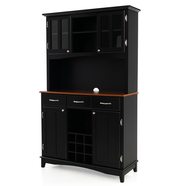 Kitchen Hutch Sideboard Wood Buffet Cabinet Kitchenware Server with Wine Bottle Modulars and 3 Large Drawers Black