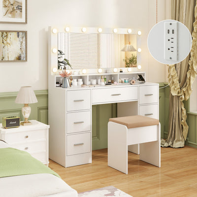 Makeup Vanity Desk Dressing Table with Drawers and Charging Station