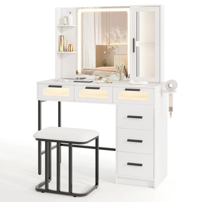 Makeup Vanity Desk Set with HD LED Sliding Mirror and Adjustable Shelves for Bedroom