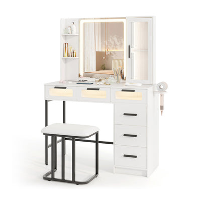 Makeup Vanity Desk Set with HD LED Sliding Mirror and Adjustable Shelves for Bedroom