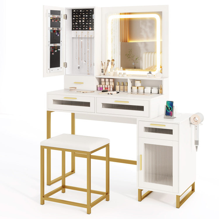 Makeup Vanity Desk Dressing Table and Stool Set with Lighted Mirror