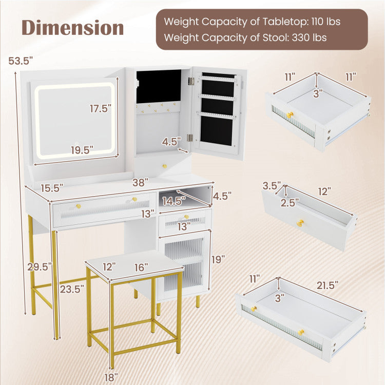 Modern Vanity Desk Makeup Dressing Table Set with Built-in Charging Station and Lighted Mirror and Stool Set