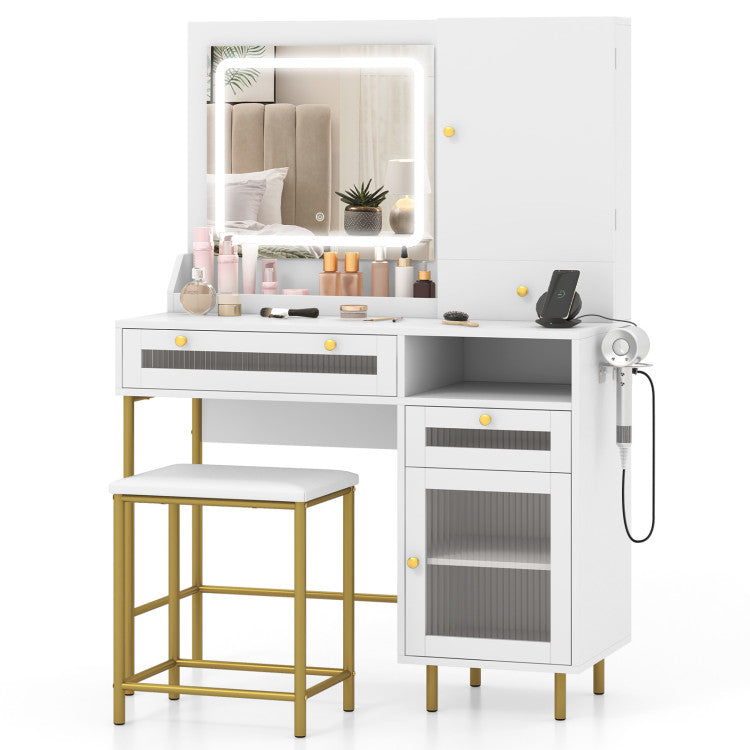 Modern Vanity Desk Makeup Dressing Table Set with Built-in Charging Station and Lighted Mirror and Stool Set