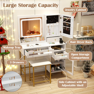 Modern Vanity Desk Makeup Dressing Table Set with Built-in Charging Station and Lighted Mirror and Stool Set