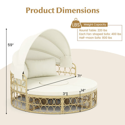 Outdoor PE Rattan Round Daybed Patio Wicker Sectional Seating Furniture Set with Retractable Canopy and Cushions for Backyard Poolside