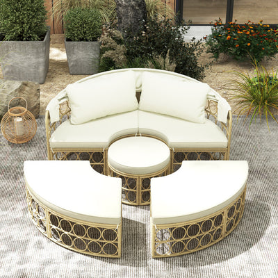 Outdoor PE Rattan Round Daybed Patio Wicker Sectional Seating Furniture Set with Retractable Canopy and Cushions for Backyard Poolside