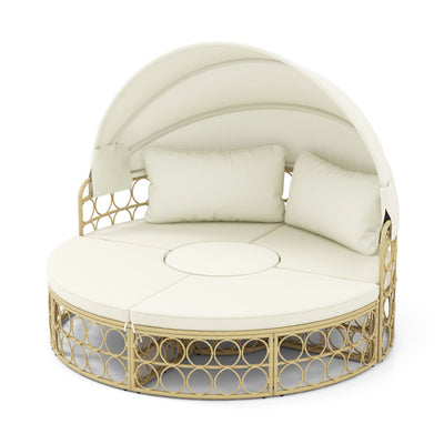 Outdoor PE Rattan Round Daybed Patio Wicker Sectional Seating Furniture Set with Retractable Canopy and Cushions for Backyard Poolside