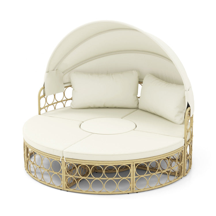 Outdoor PE Rattan Round Daybed Patio Wicker Sectional Seating Furniture Set with Retractable Canopy and Cushions for Backyard Poolside