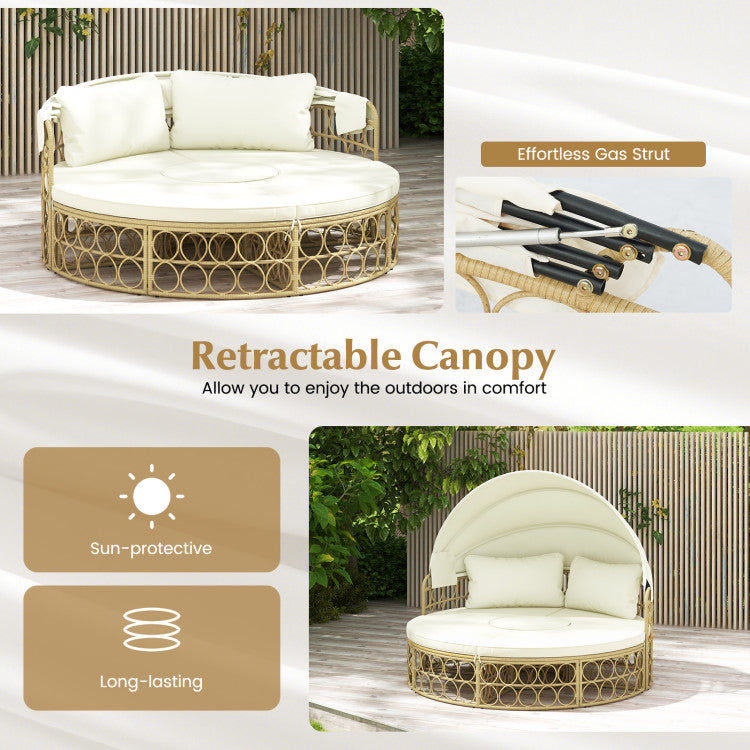 Outdoor PE Rattan Round Daybed Patio Wicker Sectional Seating Furniture Set with Retractable Canopy and Cushions for Backyard Poolside