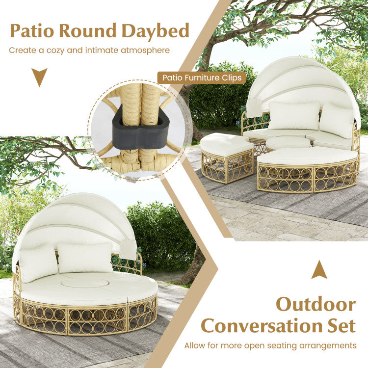 Outdoor PE Rattan Round Daybed Patio Wicker Sectional Seating Furniture Set with Retractable Canopy and Cushions for Backyard Poolside