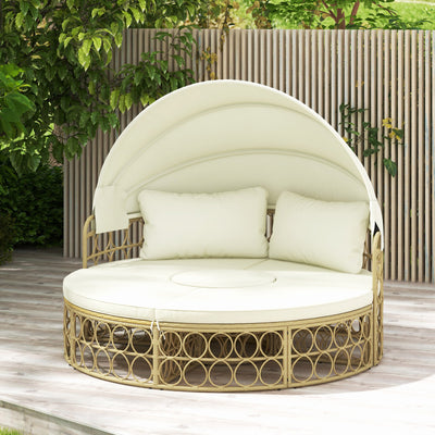 Outdoor PE Rattan Round Daybed Patio Wicker Sectional Seating Furniture Set with Retractable Canopy and Cushions for Backyard Poolside