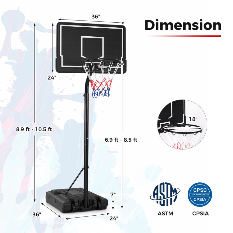 Outdoor Portable Basketball Hoop 6.9-8.5 FT Adjustable Basketball Goal System with Shatterproof PC Backboard and Fillable Base