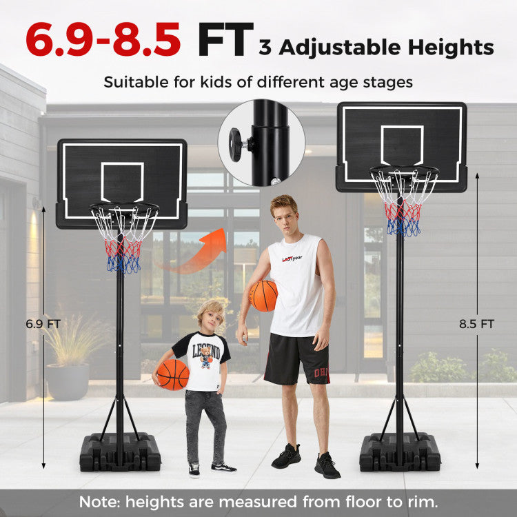 Outdoor Portable Basketball Hoop 6.9-8.5 FT Adjustable Basketball Goal System with Shatterproof PC Backboard and Fillable Base